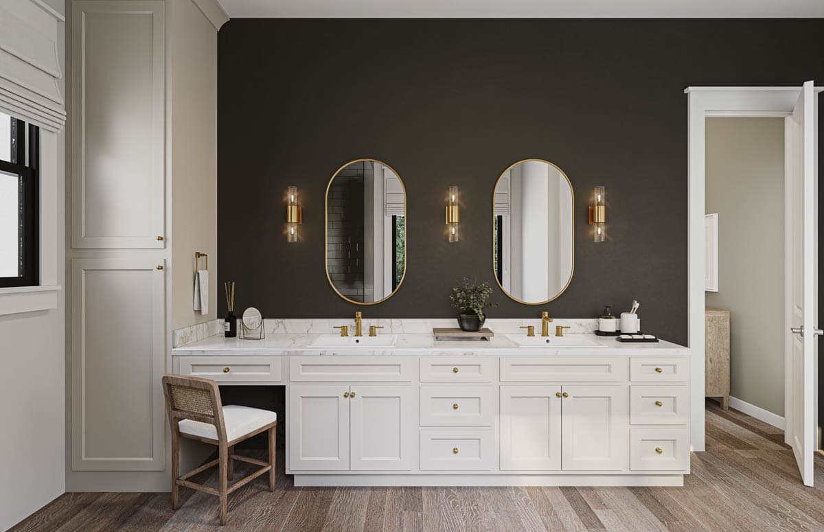 Bathroom rendering featuring a double vanity with oval mirrors, gold sconces, white cabinetry, and a hardwood floor.