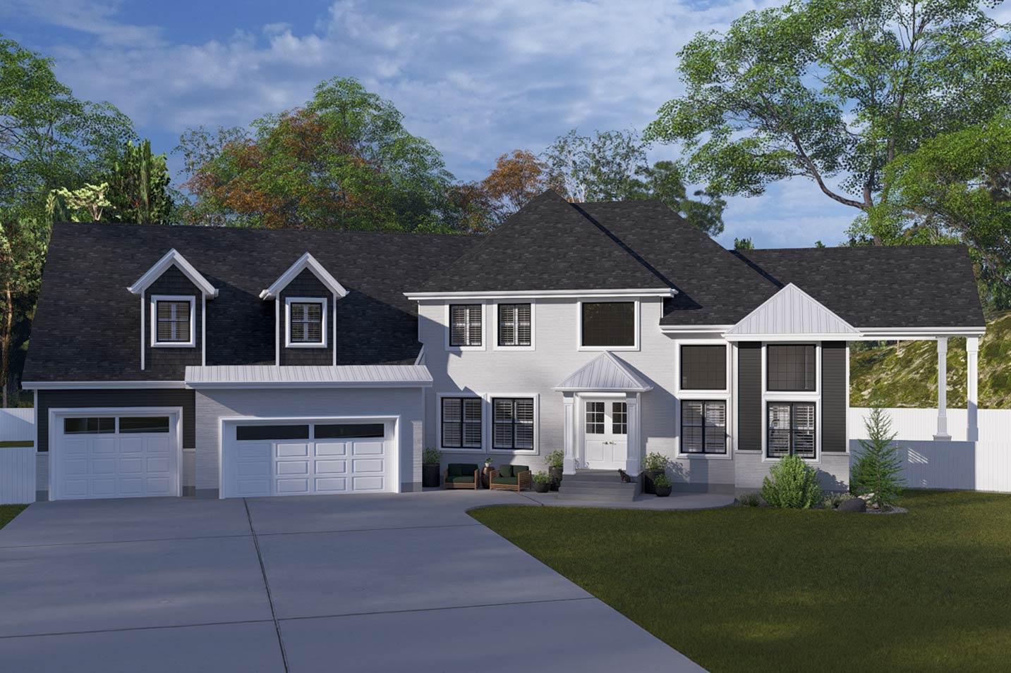 House plan exterior: Two-story dwelling with a hip roof, prominent dormers, a covered entry, and a three-car garage.