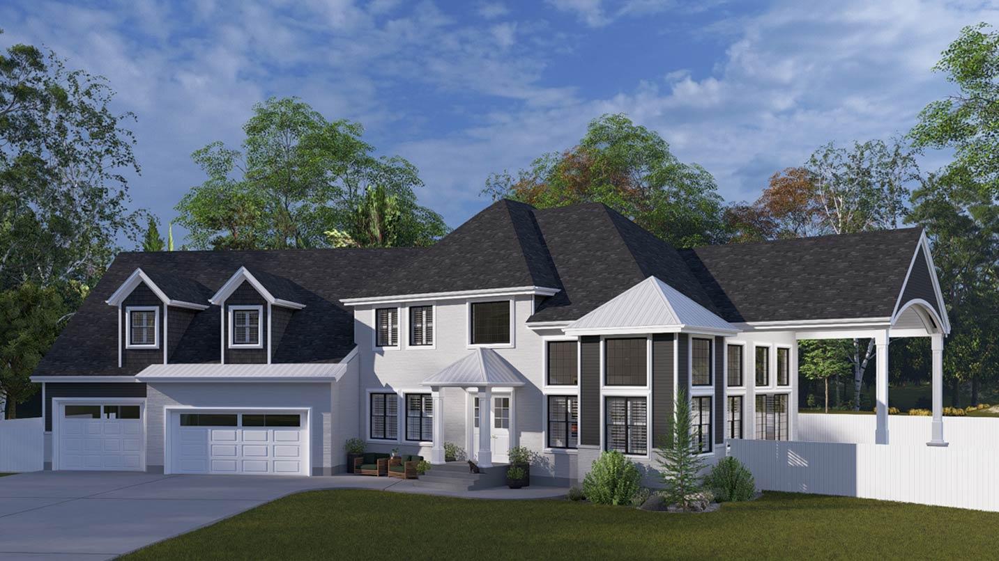Two-story house plan exterior with a prominent gable, dormers, bay windows, and a side-entry garage.