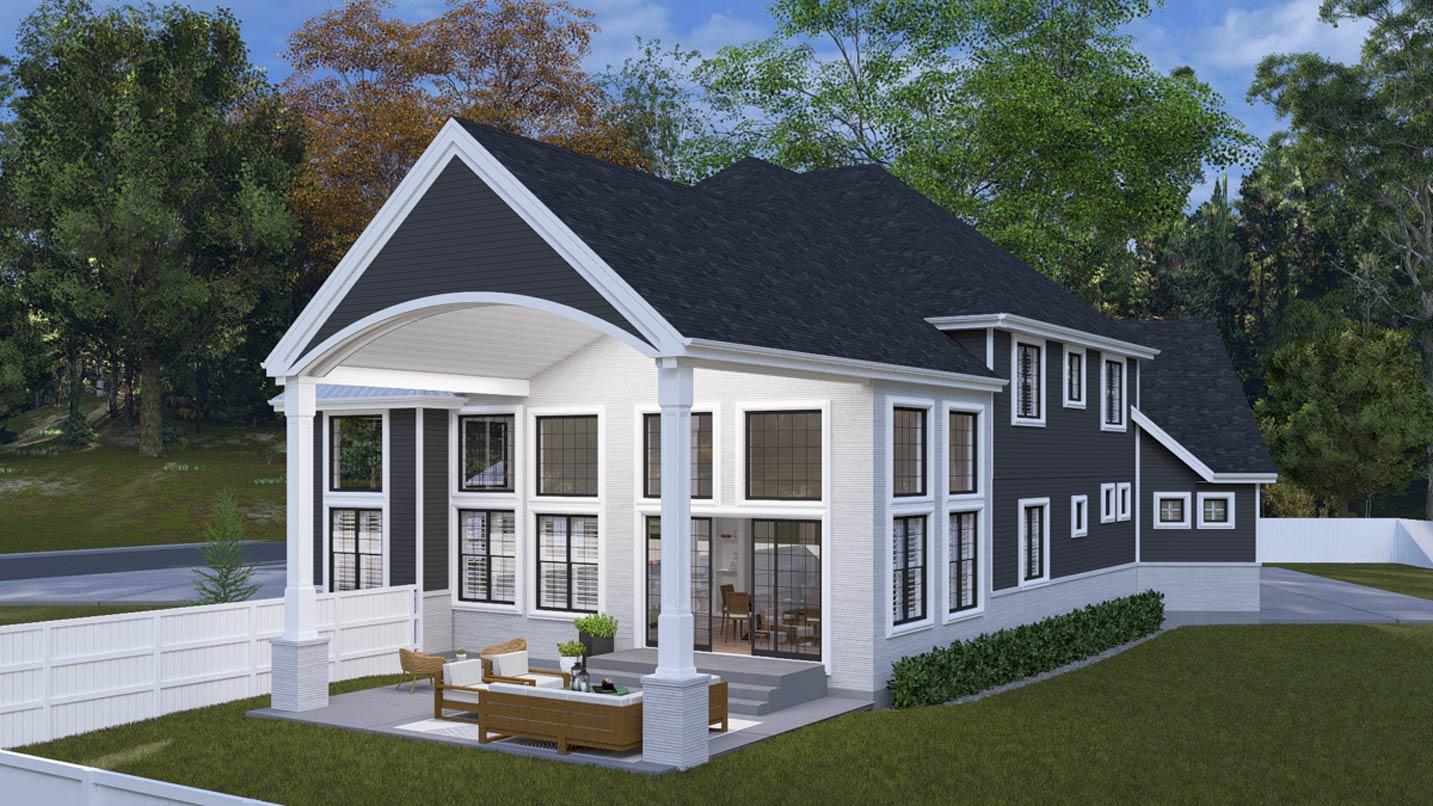 House plan exterior: Two-story Modern Farmhouse with covered patio, multiple gables, and a mix of siding and brick.