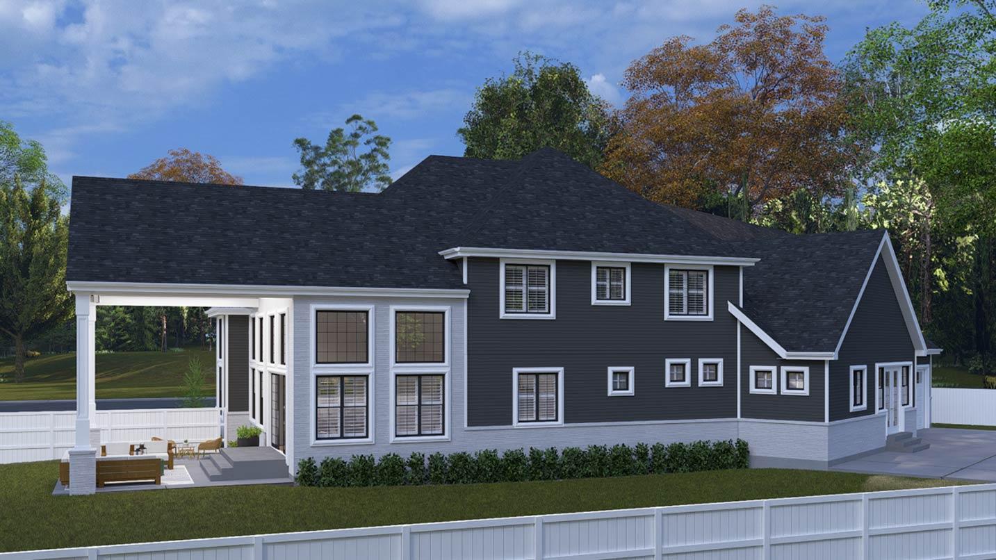 House plan exterior: Two-story modern home with a covered porch, large windows, gable rooflines, and dark siding.