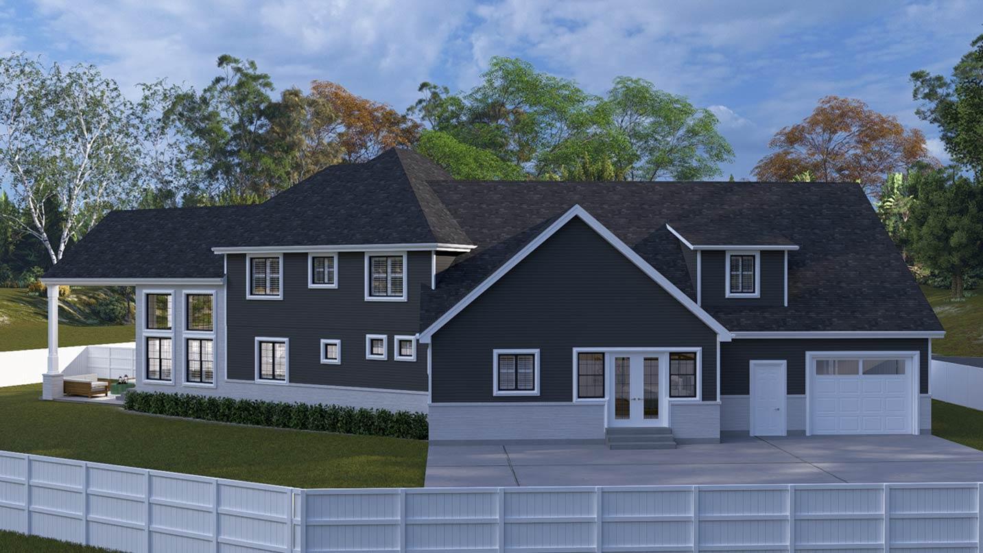 House plan exterior rendering: two-story home with a covered porch, gabled front, dormer window, and attached garage.