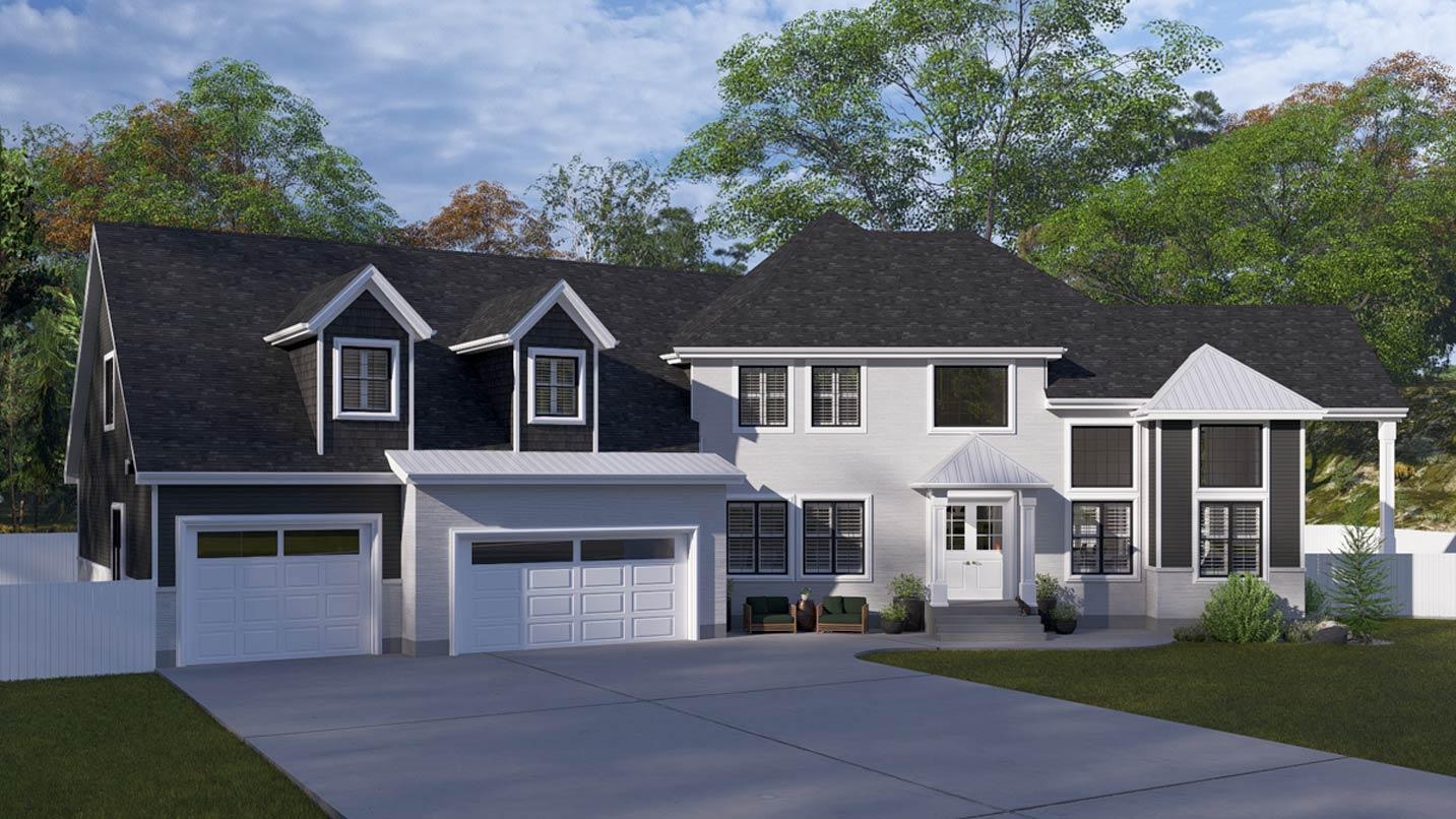 House plan exterior: two-story residence with a gabled dormer, attached garages, and a covered front entry.