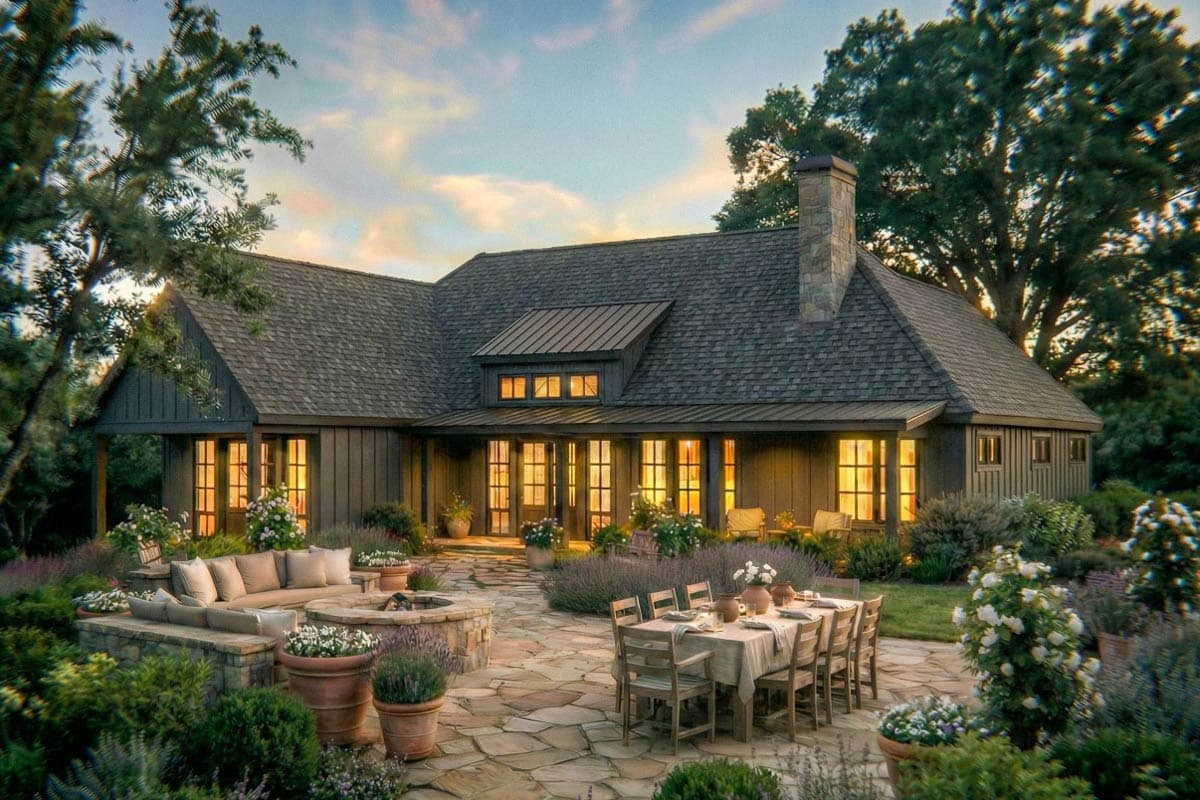 House plan exterior: Ranch-style home with dark vertical siding, gabled roof, stone chimney, and a covered porch with multiple French doors.