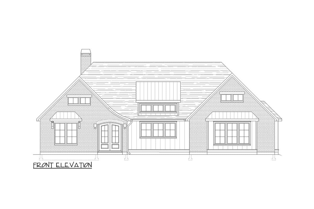 Front elevation drawing of a one-story house plan with brick exterior, arched double doors, prominent gables, and multiple windows.