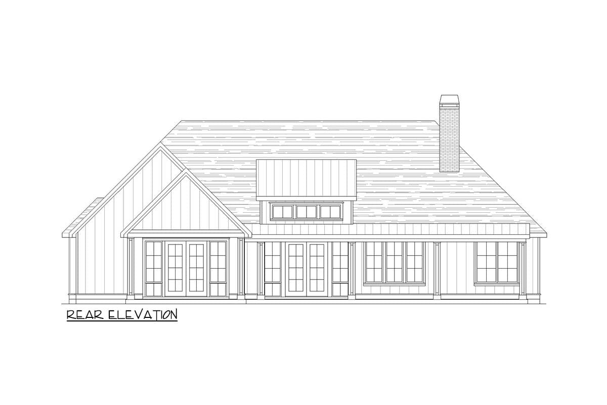 Rear elevation drawing of a house plan featuring a gabled dormer, multiple French doors, and a brick chimney.