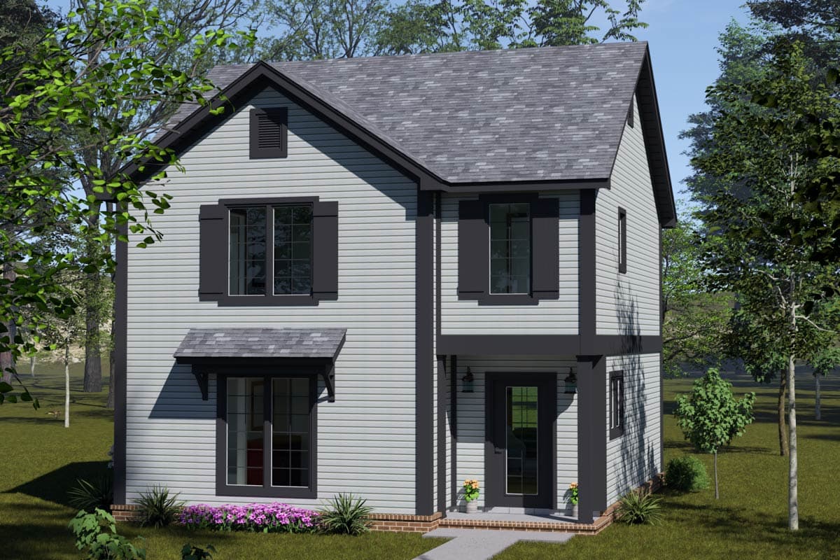 House plan exterior, two stories, with a gable, pitched roof, horizontal siding, and black shutters.