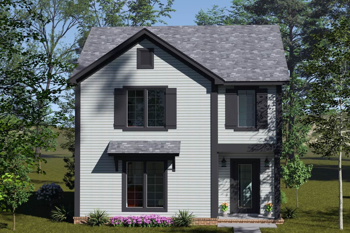 House plan exterior: two-story, light siding, dark gables, shutters, awning over main floor window, covered entry.