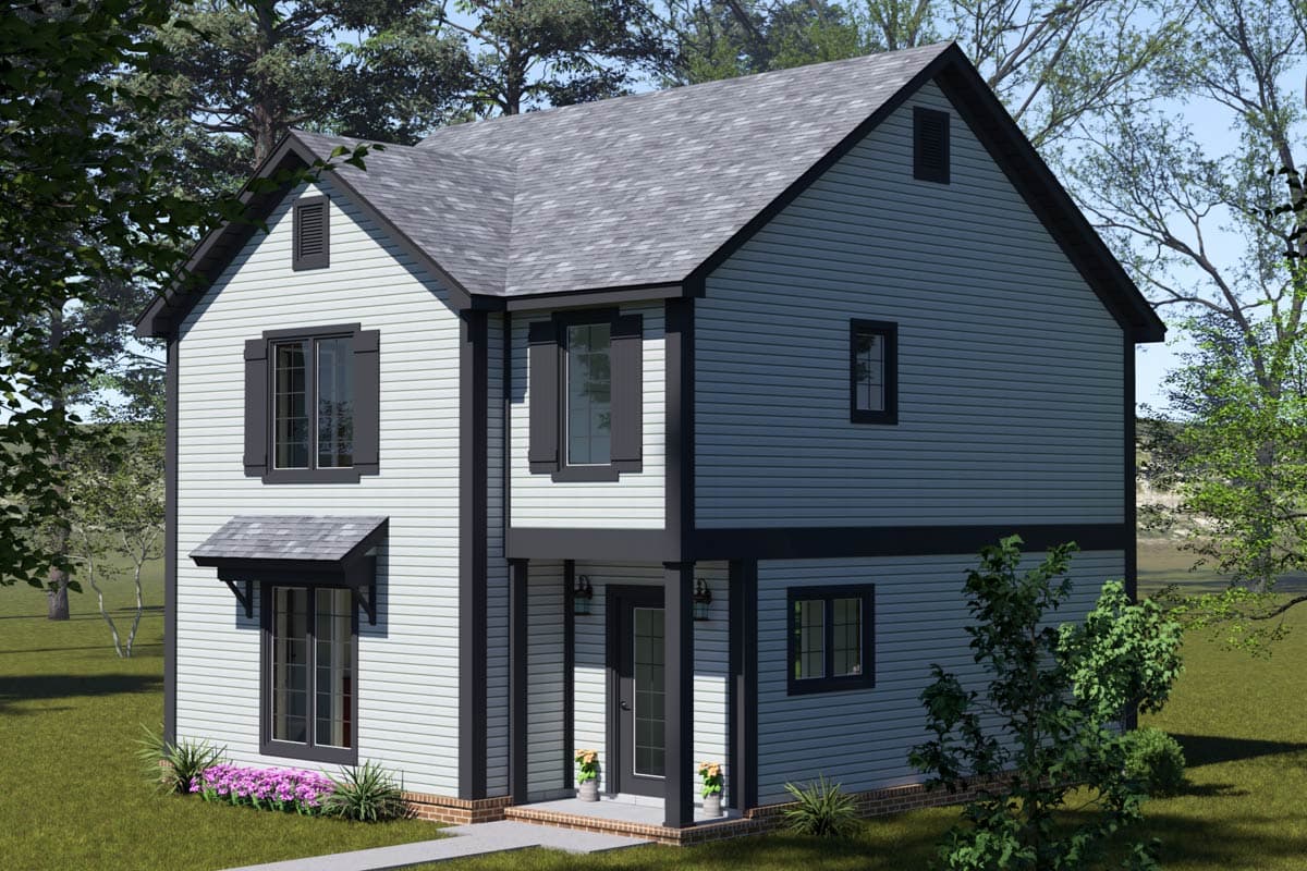 House plan exterior: two-story Modern Farmhouse with gable roof, louvered shutters, and covered front entrance with double doors.