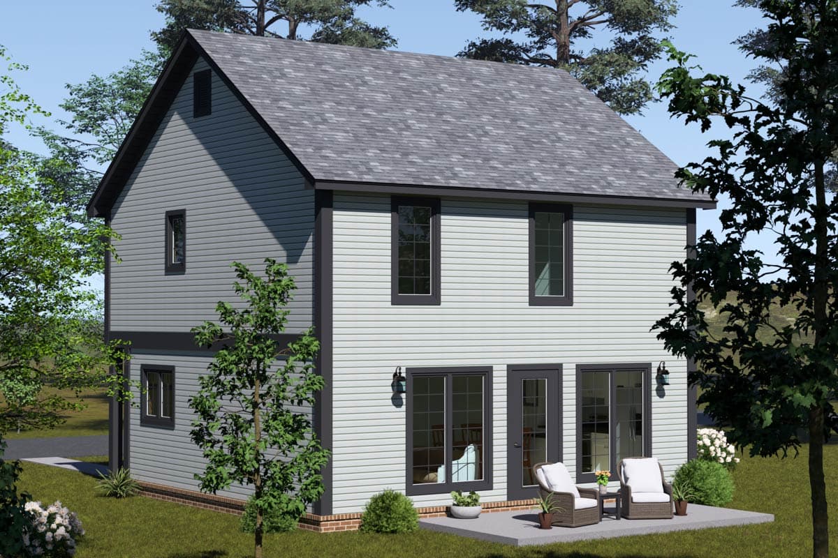 Two-story house plan exterior with vinyl siding, gabled roof, and double doors with adjacent windows.