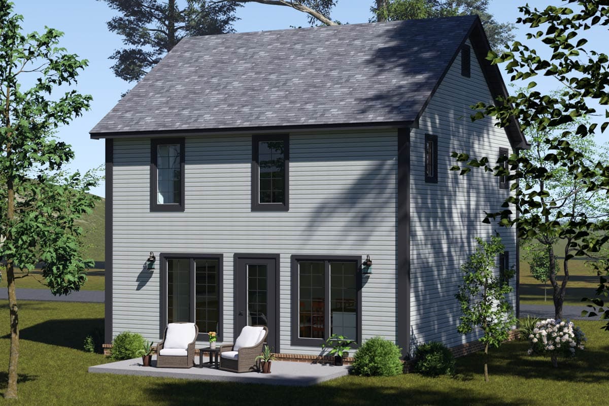 Two-story house plan exterior, light gray siding, dark trim, asphalt shingle roof, gable end vents, rear patio with doors and windows.