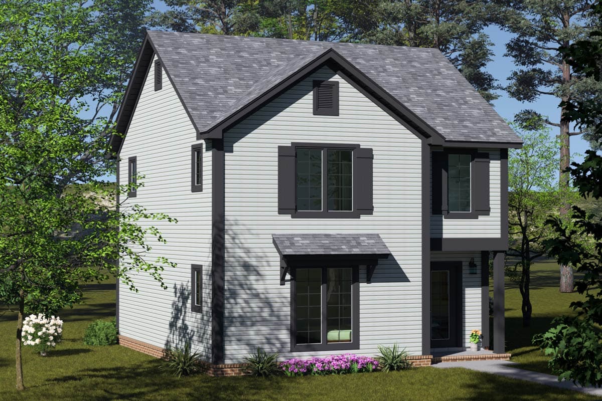 House plan exterior: Two-story home with gabled roof, vinyl siding, dark trim, and decorative shutters.