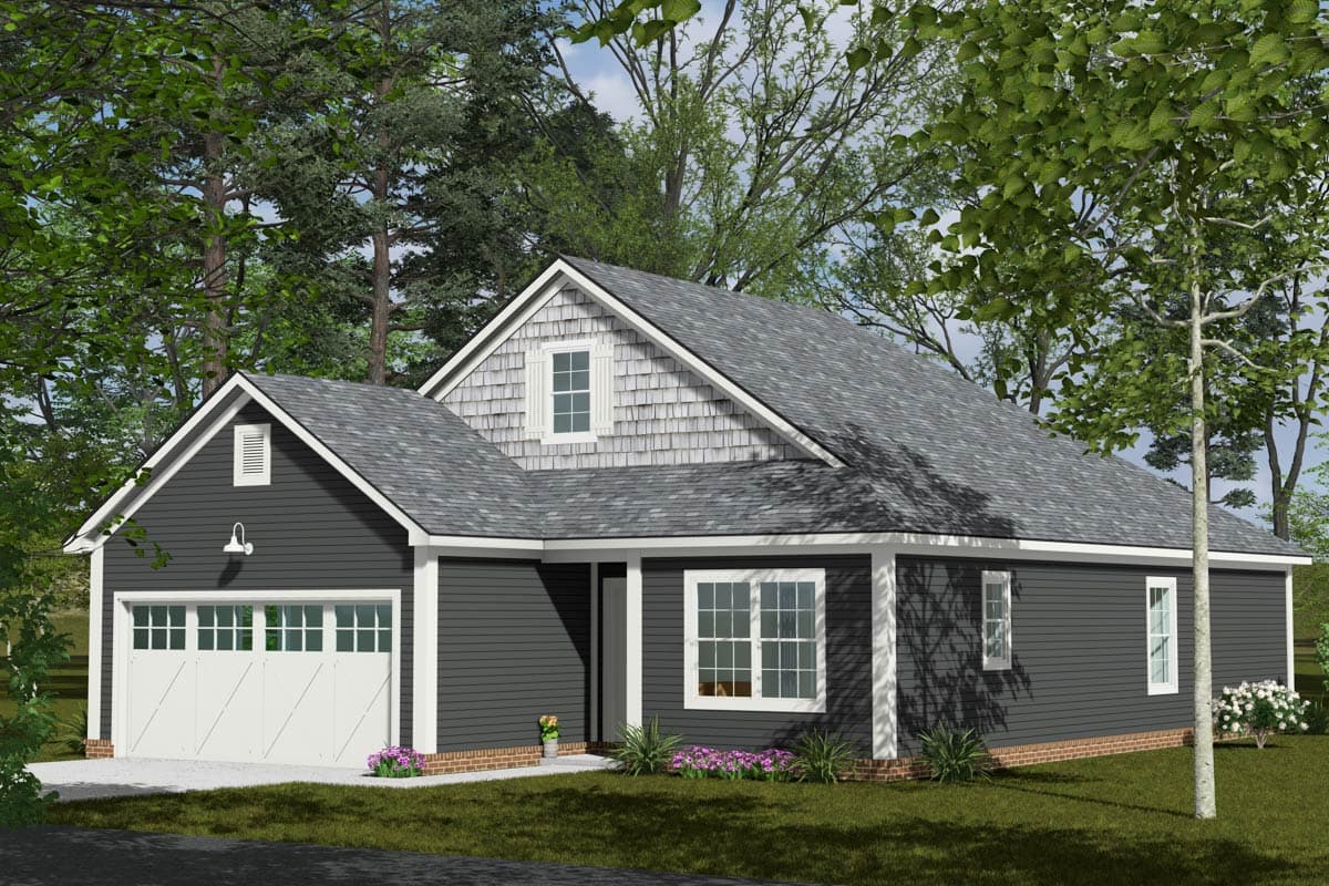 House plan exterior: One-story Modern Farmhouse with a gable roof, shingle siding, and attached garage.