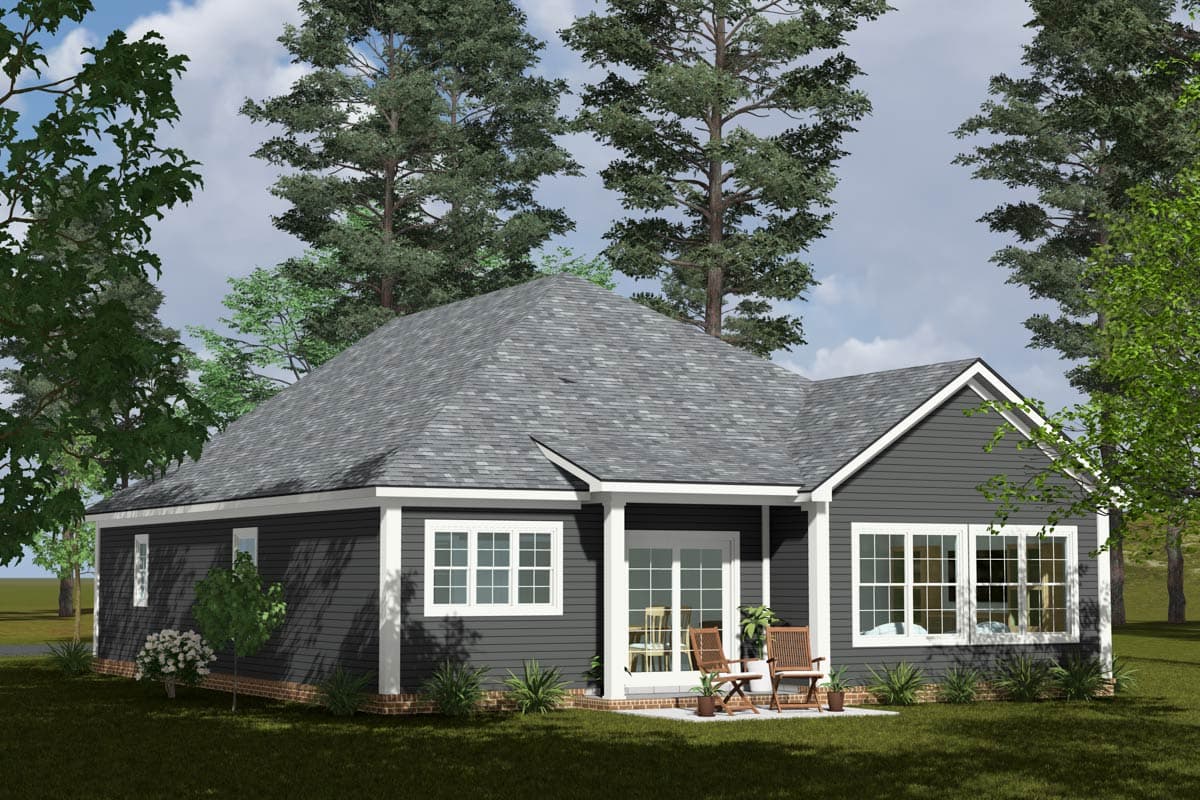 House plan exterior of a one-story home with a gabled roof, double glass doors, and numerous grid-pane windows.