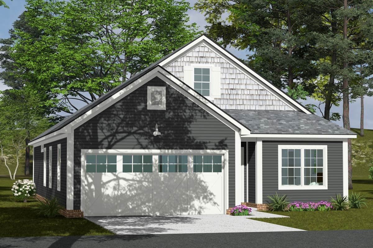 Modern Farmhouse house plan exterior with a two-car garage, dormer, and horizontal siding.