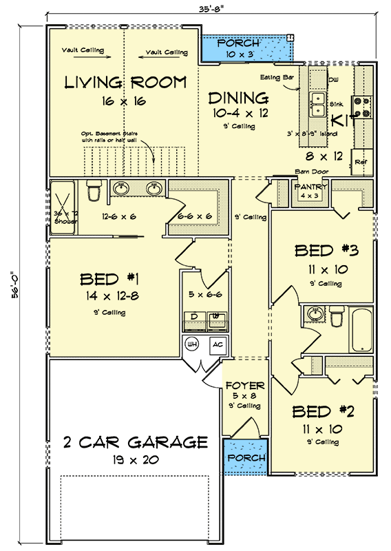 Plan 52524WM: Country House Plan with 3 Bedrooms and Attached 2-Car Garage - Floor Plan - Main Level - Country, Traditional