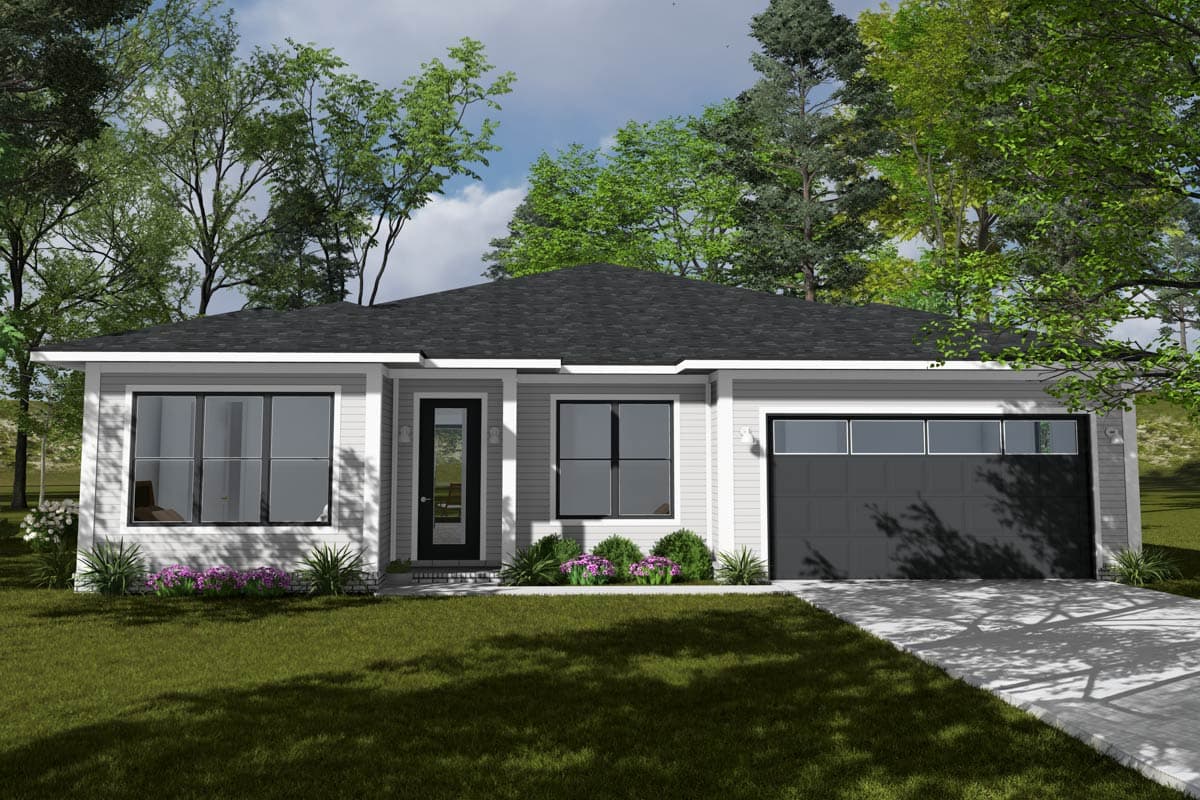 One-story house plan exterior with a low-pitched roof, modern gables, a central entry door, and a wide garage with a glass panel door.