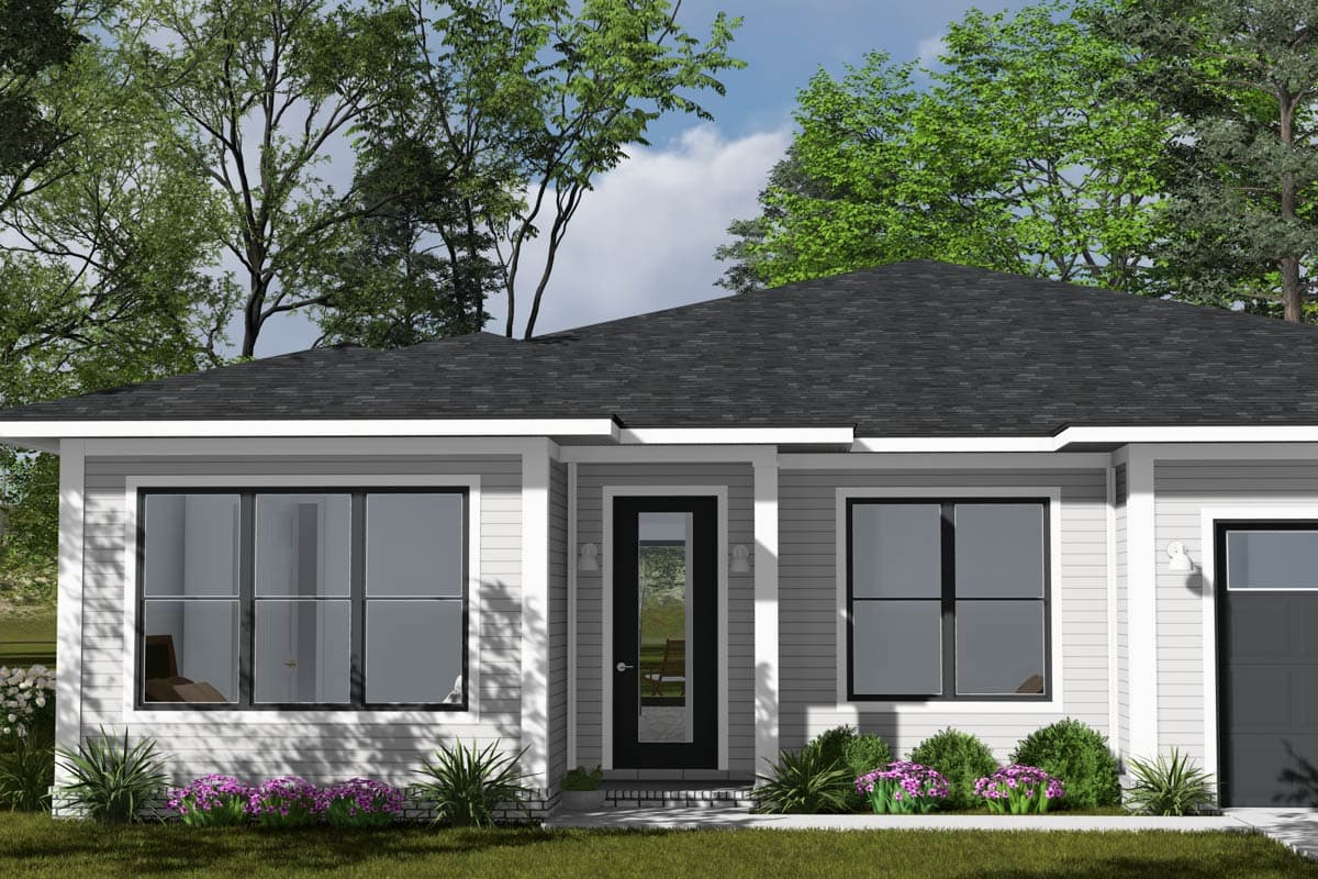 House plan exterior: single-story home with gable roof, central entrance with glass door, and large windows.