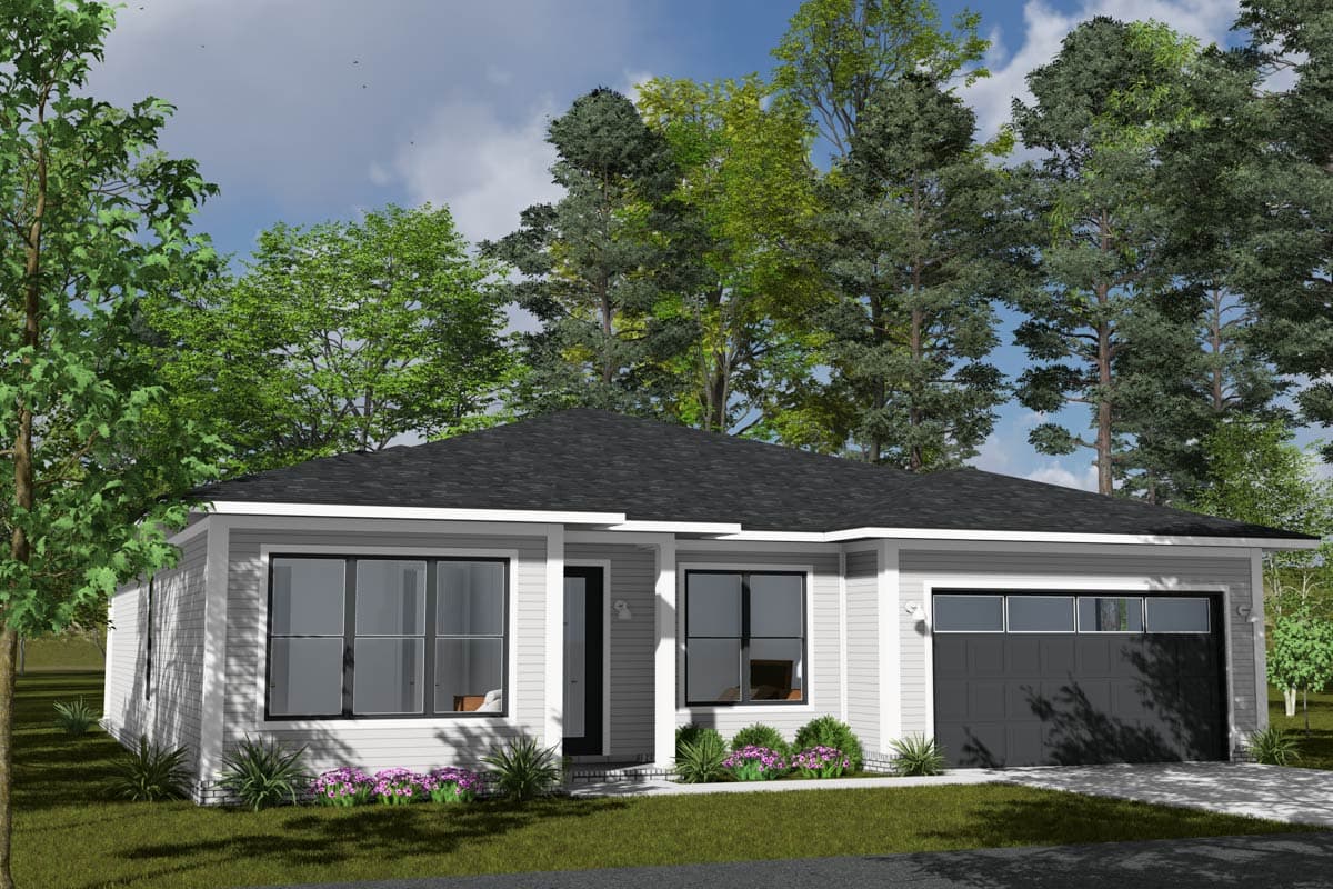 House plan exterior of a one-story Modern Farmhouse with a gray garage door and large windows.