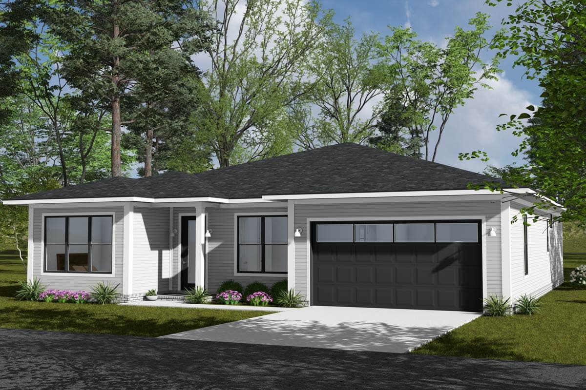 Ranch-style house plan exterior with a detached garage, a covered entry, and large windows.