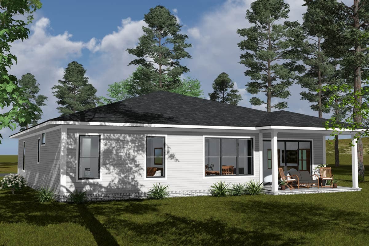 House plan exterior: one-story ranch style with hip roof, siding, and covered porch.