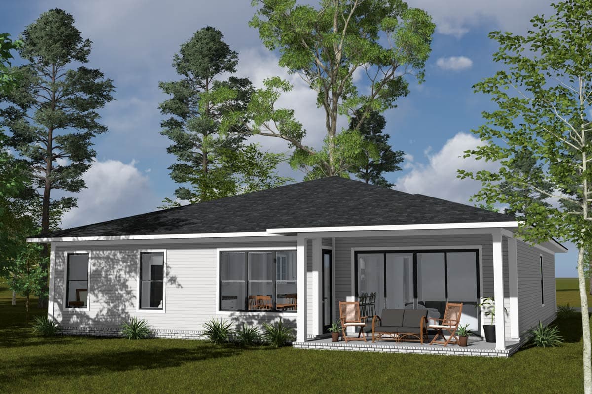 House plan exterior: Single-story modern home with low-slope roof, covered porch, and large windows.