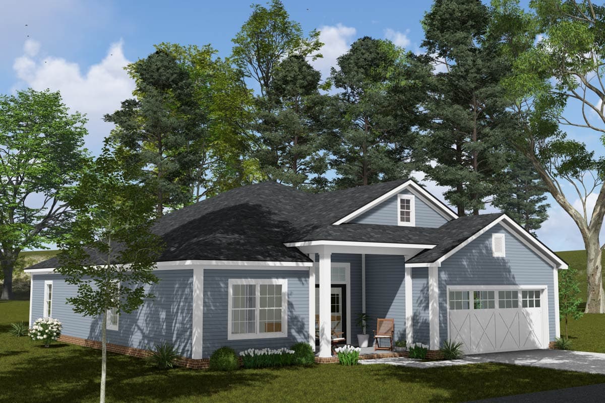 House plan exterior rendering of a one-story Modern Farmhouse with a covered front porch, gabled dormer, and attached side-entry garage.