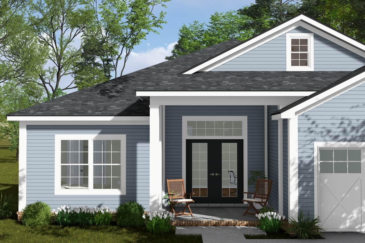 House plan exterior: One-story Modern Farmhouse with covered porch, gables, dormer window, and side-entry garage.