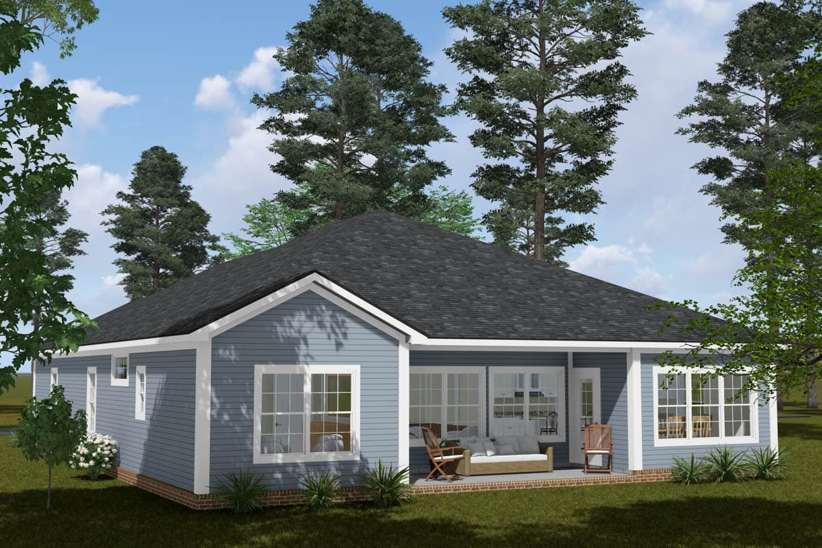 House plan exterior, single-story, blue siding, gabled roof, large windows, and covered patio.