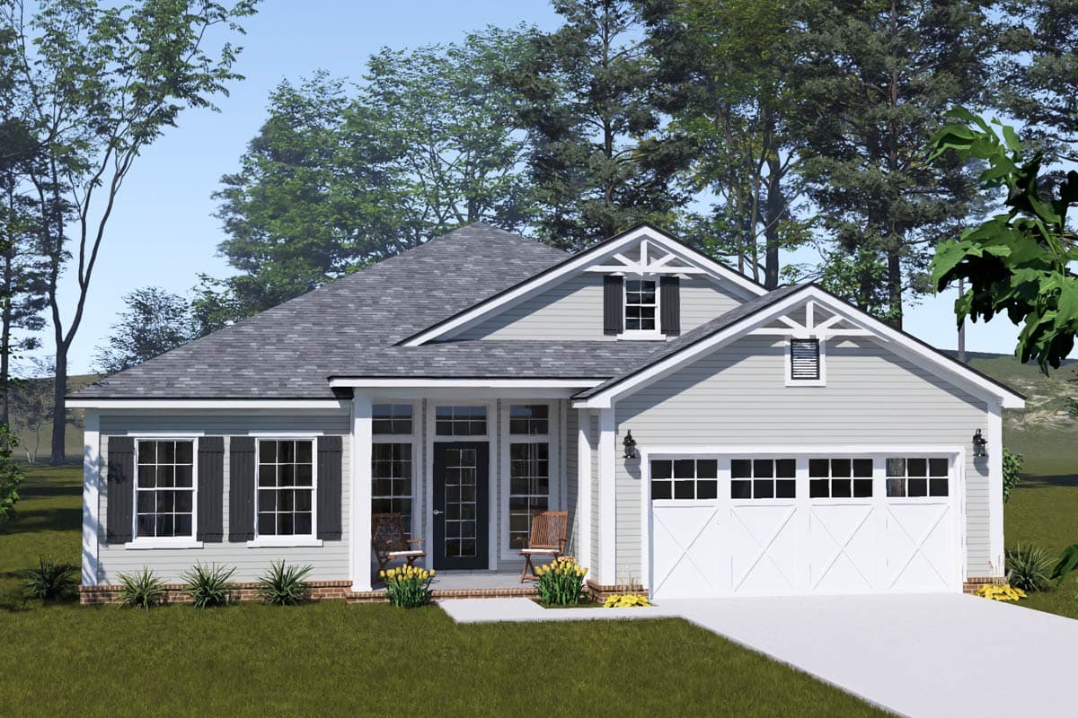 House plan exterior, one story, gabled dormer, front porch with columns, and attached two-car garage.
