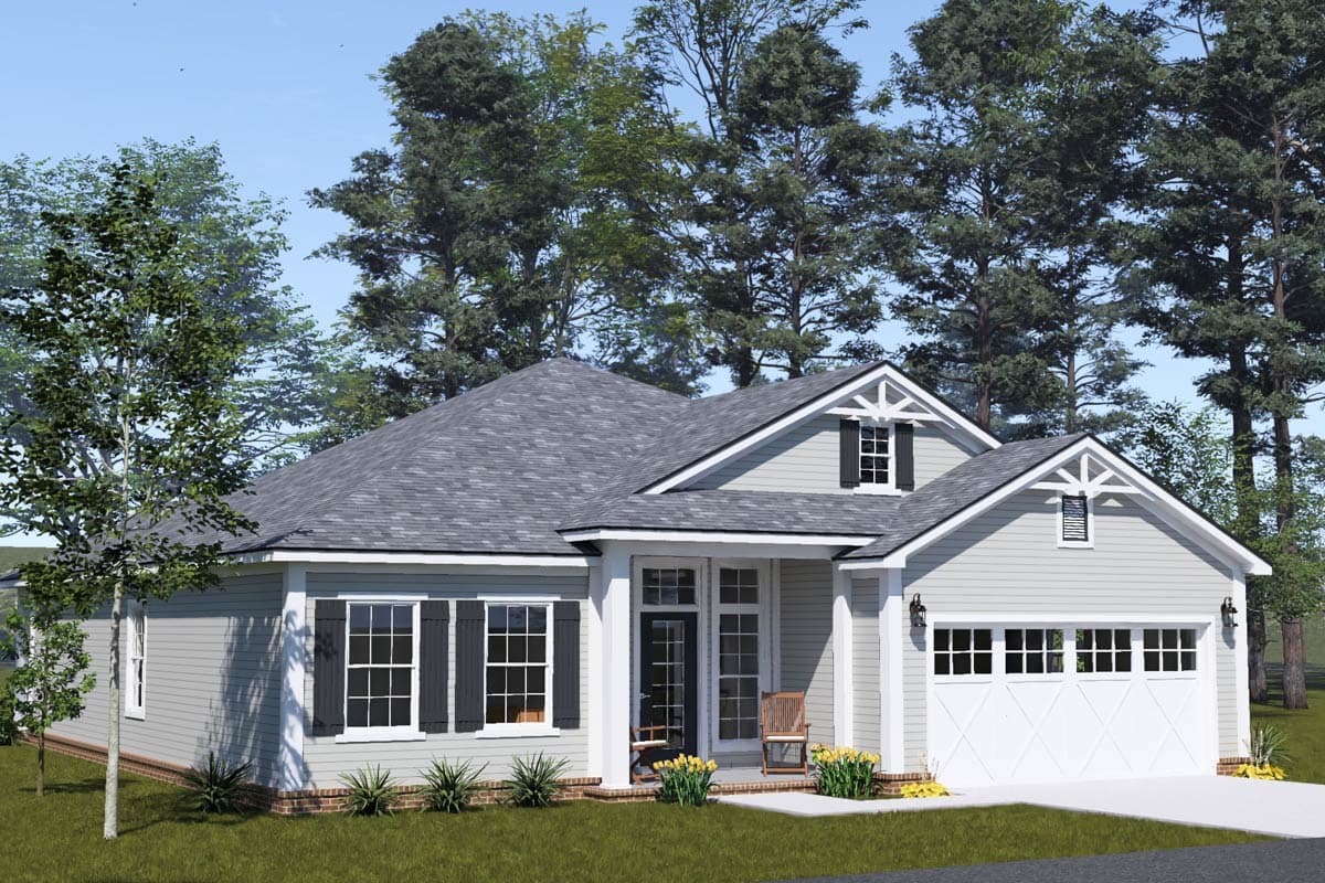 Ranch style house plan exterior with a covered front porch, gable dormer, and attached garage.