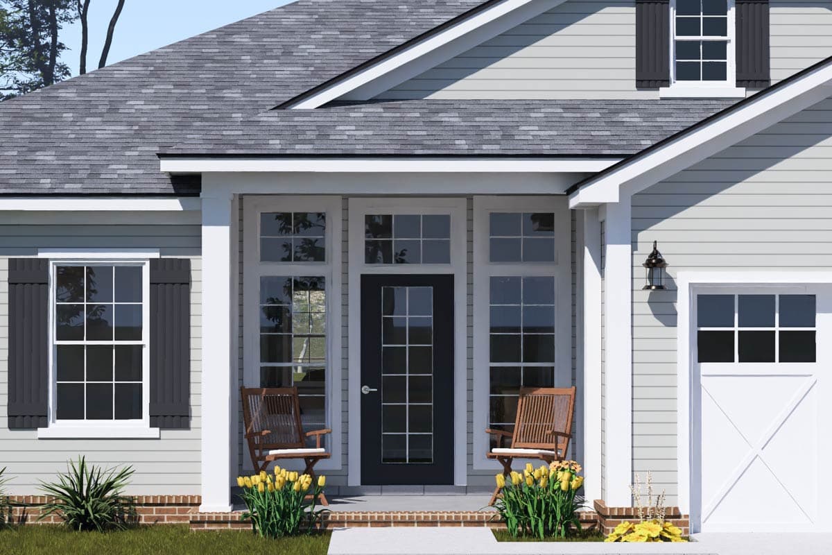 House plan exterior: Craftsman style, covered porch with columns, multi-pane windows, and gabled roof.