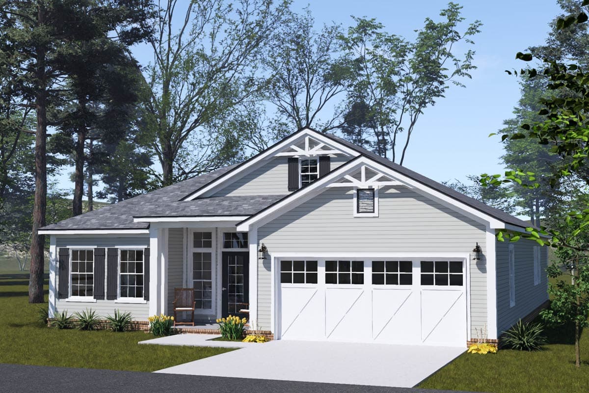 House plan exterior: Modern Farmhouse style, one story, features a covered front porch, gabled dormers, and a front-facing two-car garage.