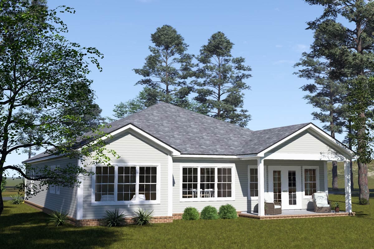 House plan exterior, single-story dwelling with a gable roof, covered porch, and multiple large windows.