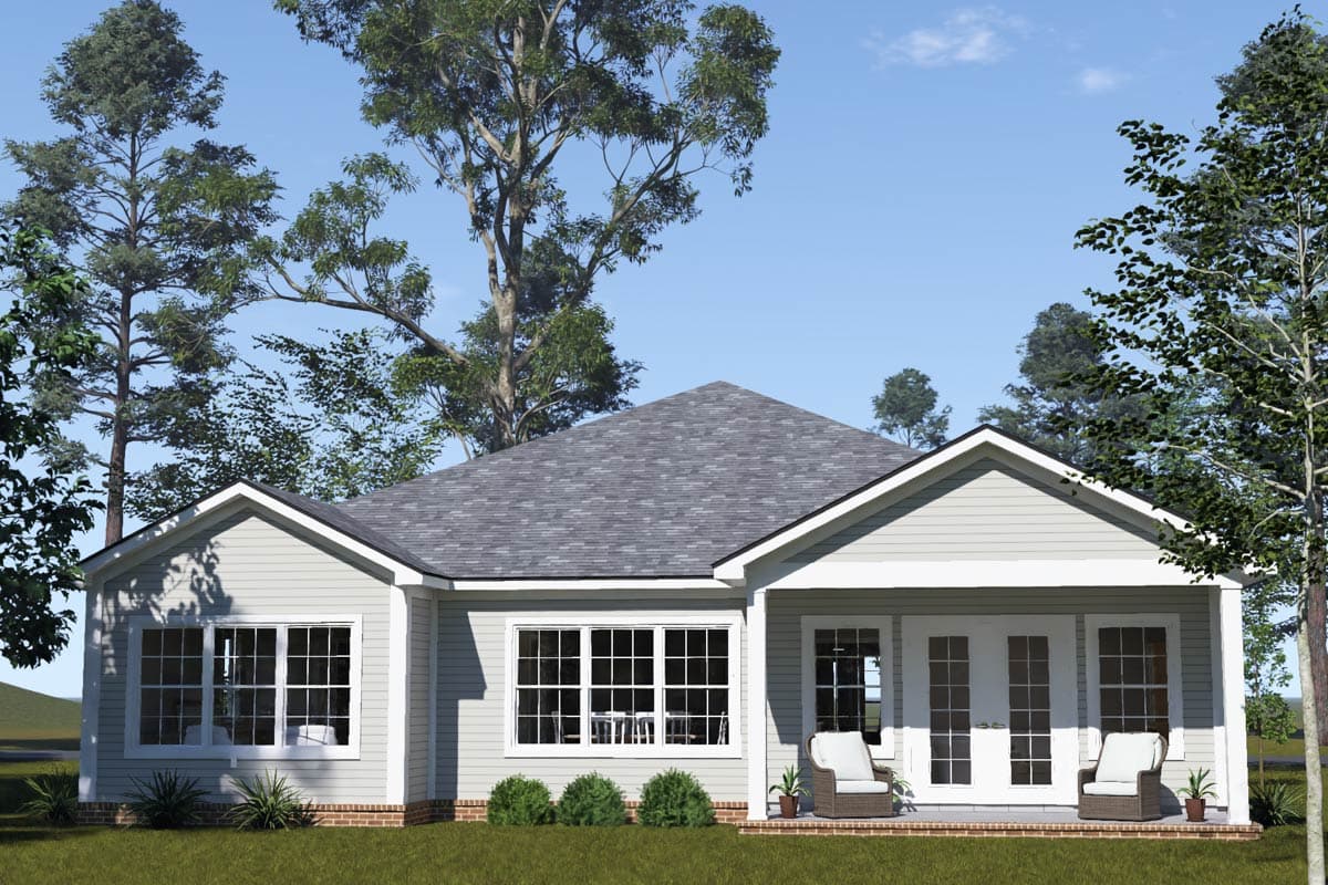 House plan exterior: One-story Modern Farmhouse with gables, wide windows, and covered entry with double doors.