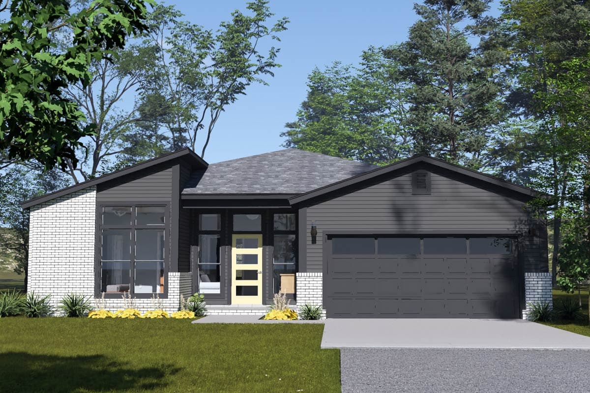 House plan exterior: Single-story modern home with white brick accents, large windows, gray siding, and a two-car garage.
