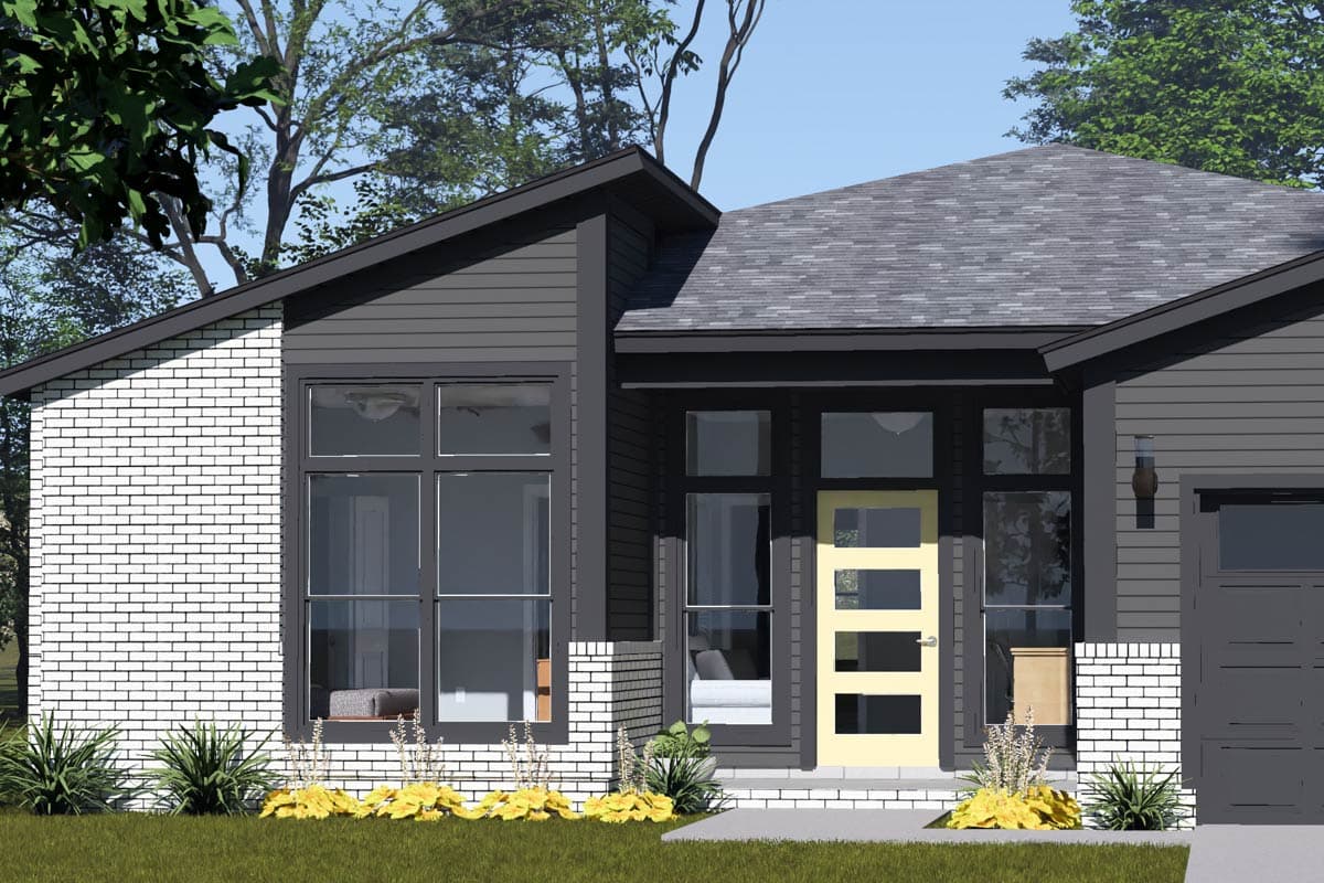 Modern house plan exterior with white brick accents, large windows, gable roof, and yellow-paned entry door.