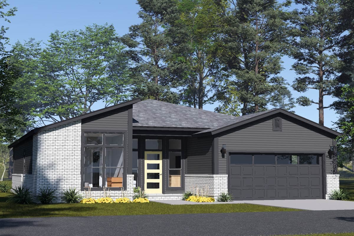 Modern house plan exterior with white brick, dark siding, prominent gables, and a single-car garage.