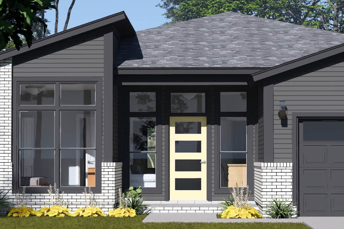 Modern house plan exterior with white brick accents, dark siding, multi-pane windows, and a yellow door.