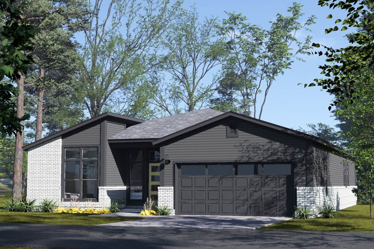 Modern house plan exterior with horizontal siding, white brick base, large windows, and an attached two-car garage.