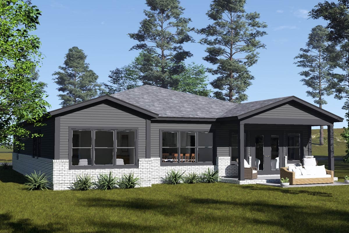 House plan exterior, single-story, dark gray siding, white brick base, covered porch with double doors.