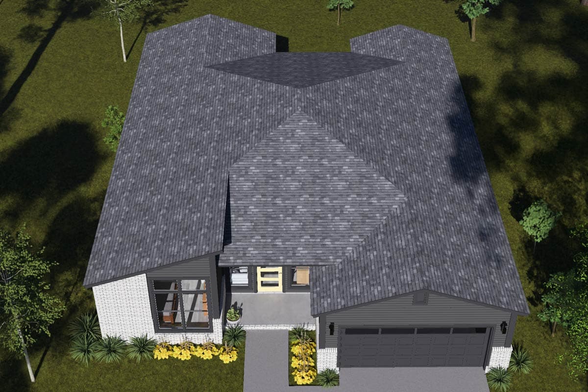Modern house plan exterior with a prominent gable roof, intersecting rooflines, brick accents, and a two-car garage.