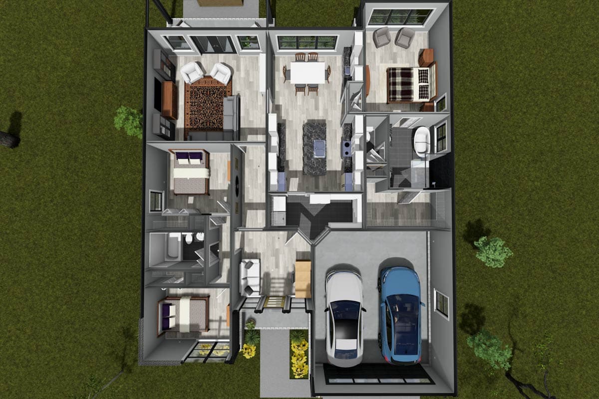 Floor plan showing open living area, kitchen with island, three bedrooms, and attached two-car garage.