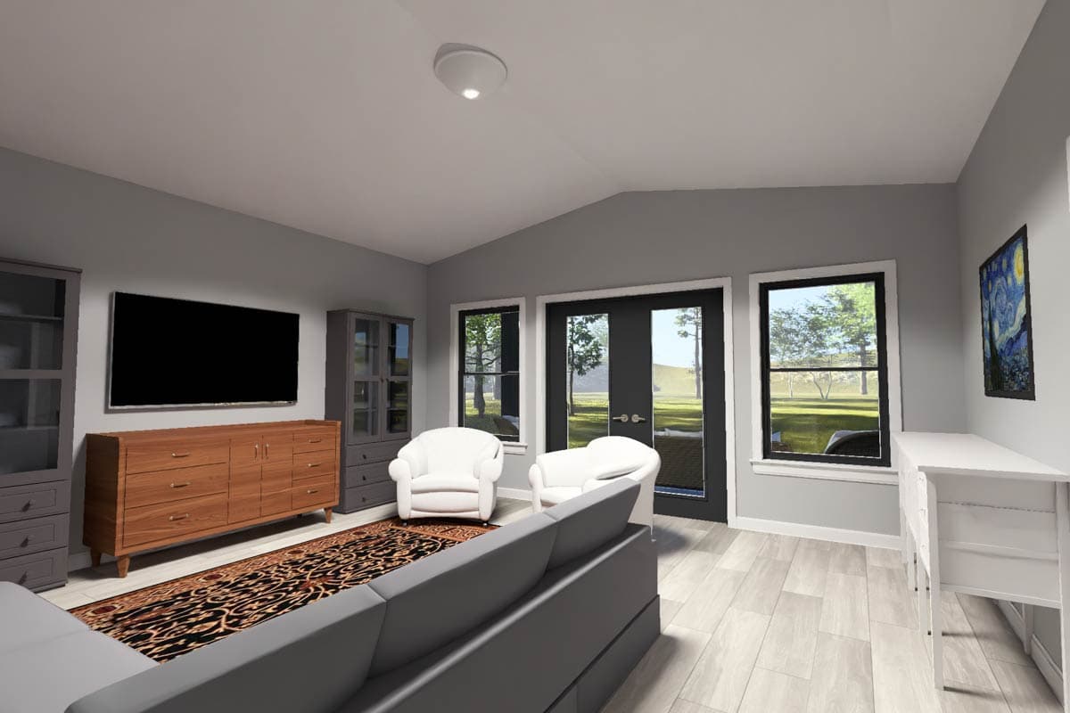 Living room rendering with vaulted ceiling, entertainment center, sofa, chairs, and double doors leading outside.