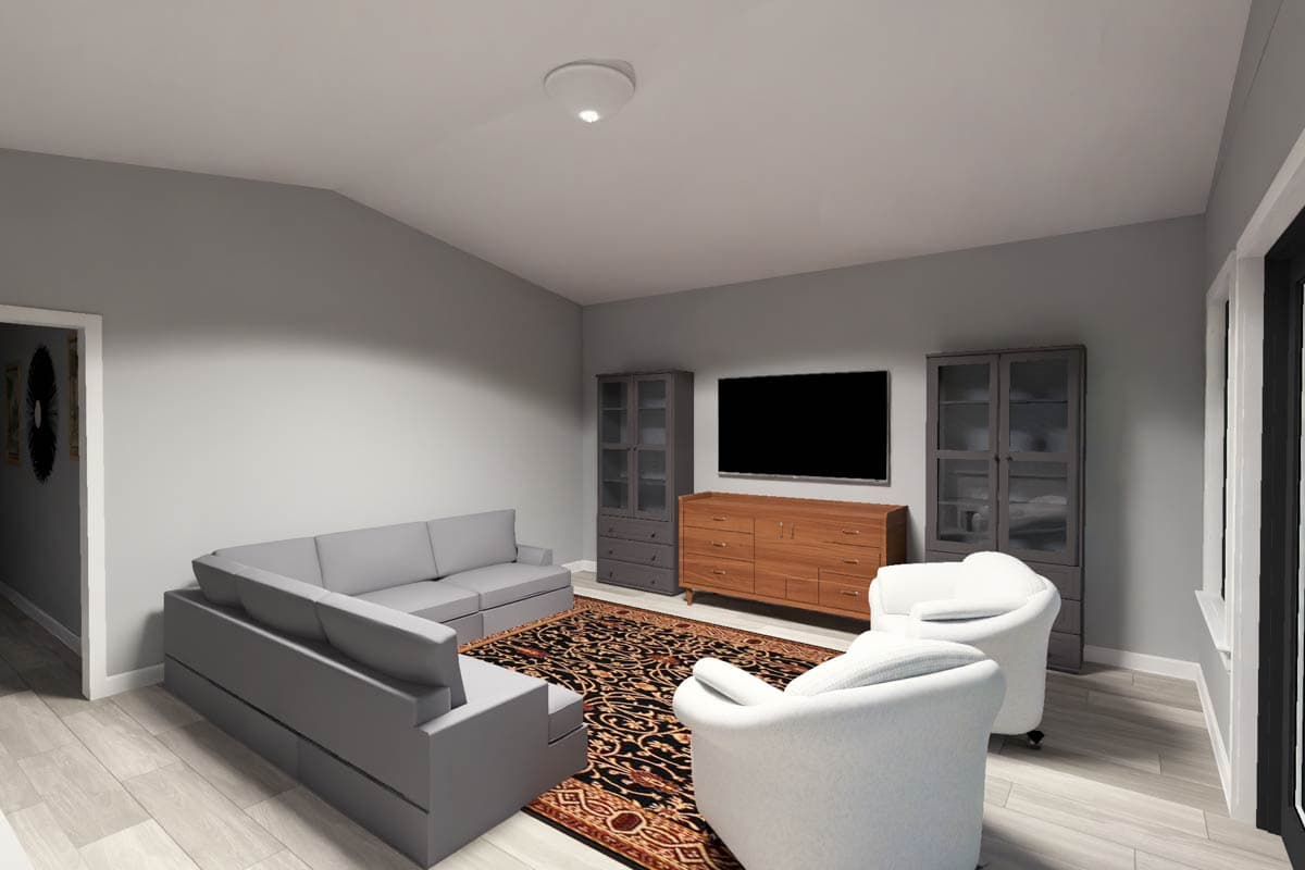 Interior rendering of a living room with gray sectional sofa, two white armchairs, a TV, media console, and patterned rug.