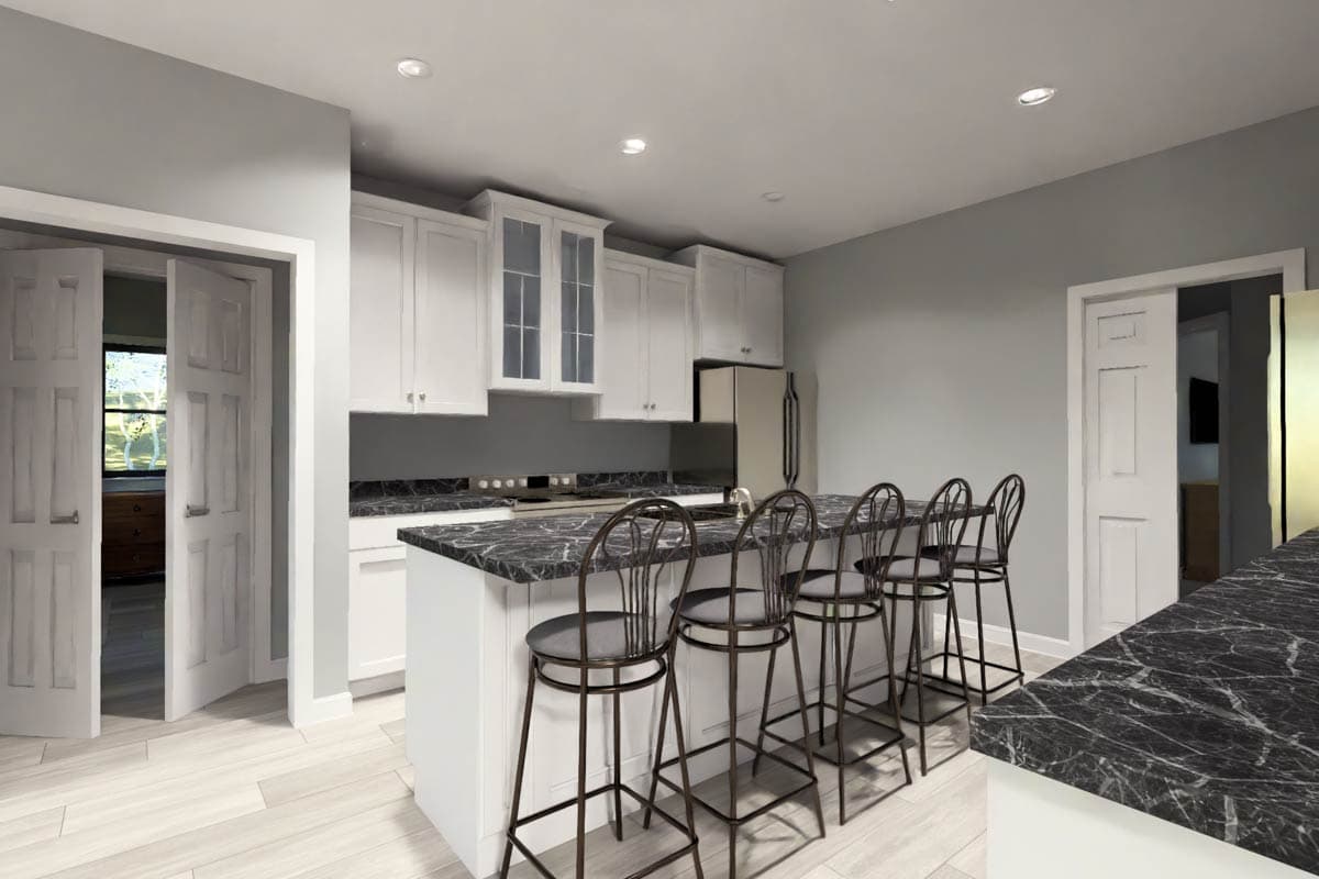 Kitchen with white cabinets, a large island with seating, granite countertops, stainless steel appliances, and double doors to an adjacent room.