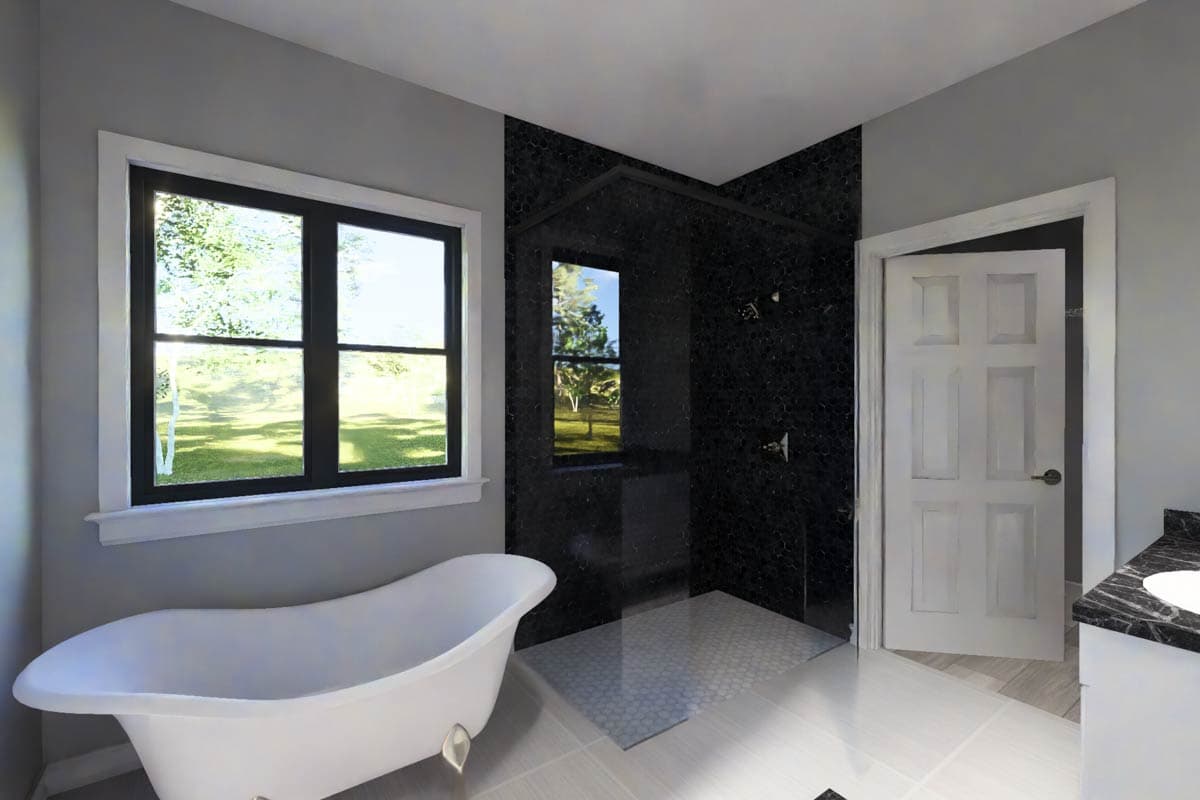 Modern bathroom with freestanding tub, glass-enclosed shower with dark hexagonal tile, and a double window.