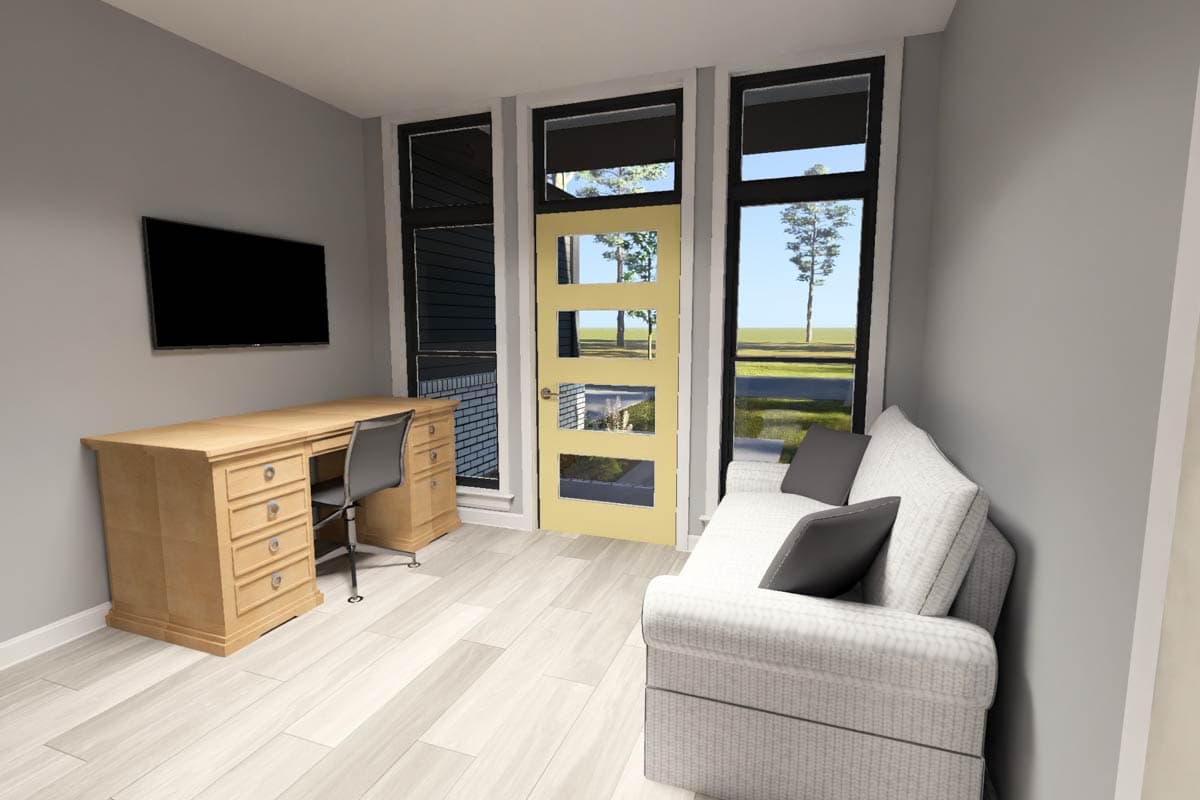 Interior rendering of a room with a wooden desk, wall-mounted TV, sofa, and a yellow door with horizontal glass panels.