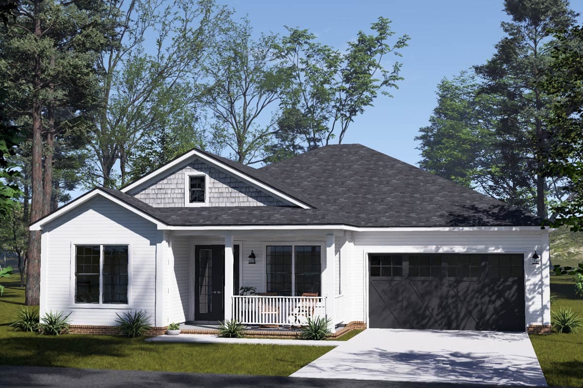 House plan exterior: Modern Farmhouse style, one-story, with a covered front porch, gable dormer, and attached two-car garage.