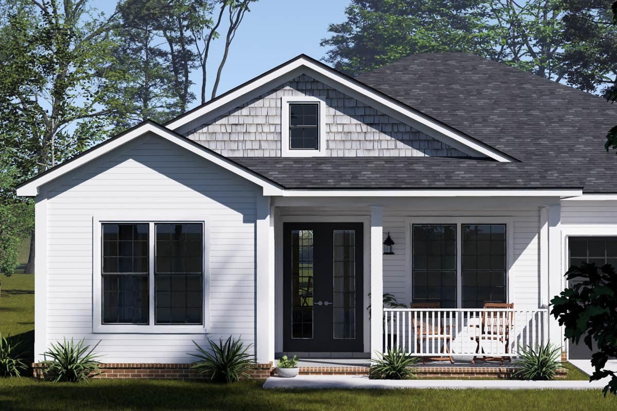 House plan exterior: One-story home with a covered front porch, gable roof, shingle-clad gable, and double entry doors.